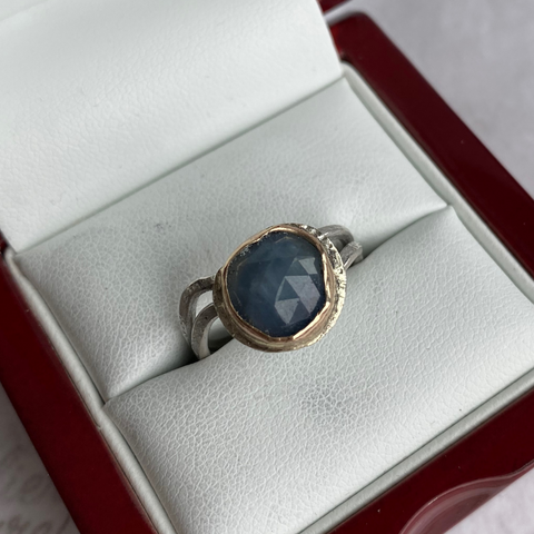  10 mm Rose Cut Sapphire in 14kt gold setting and sterling silver band by Aprilierre Jewelry 