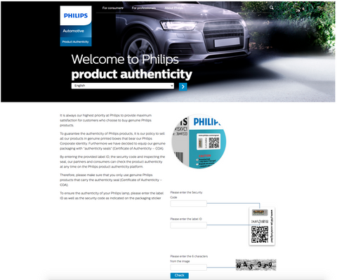 Philips authenticity website page for bulbs guides