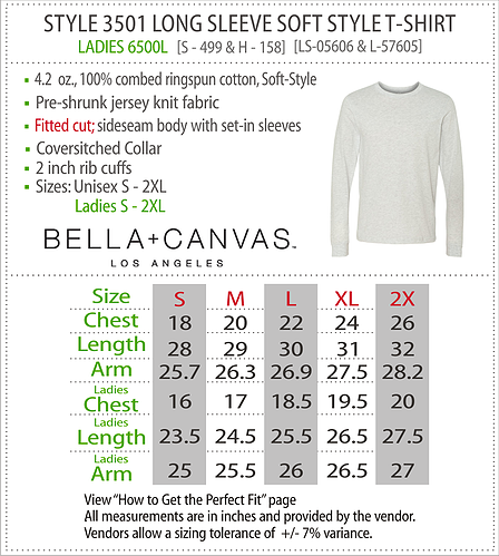 Bella Shirts Size Chart