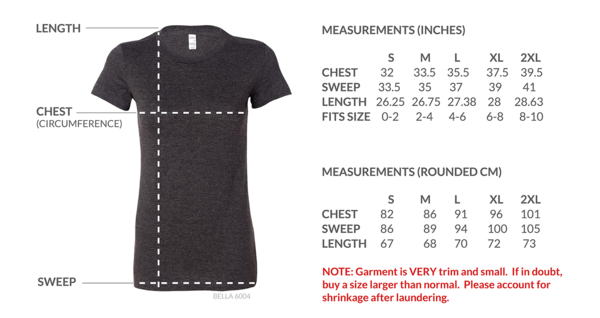 Bella Shirts Size Chart