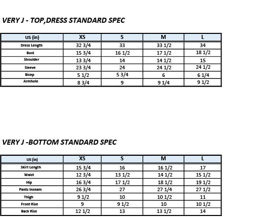 very j size chart