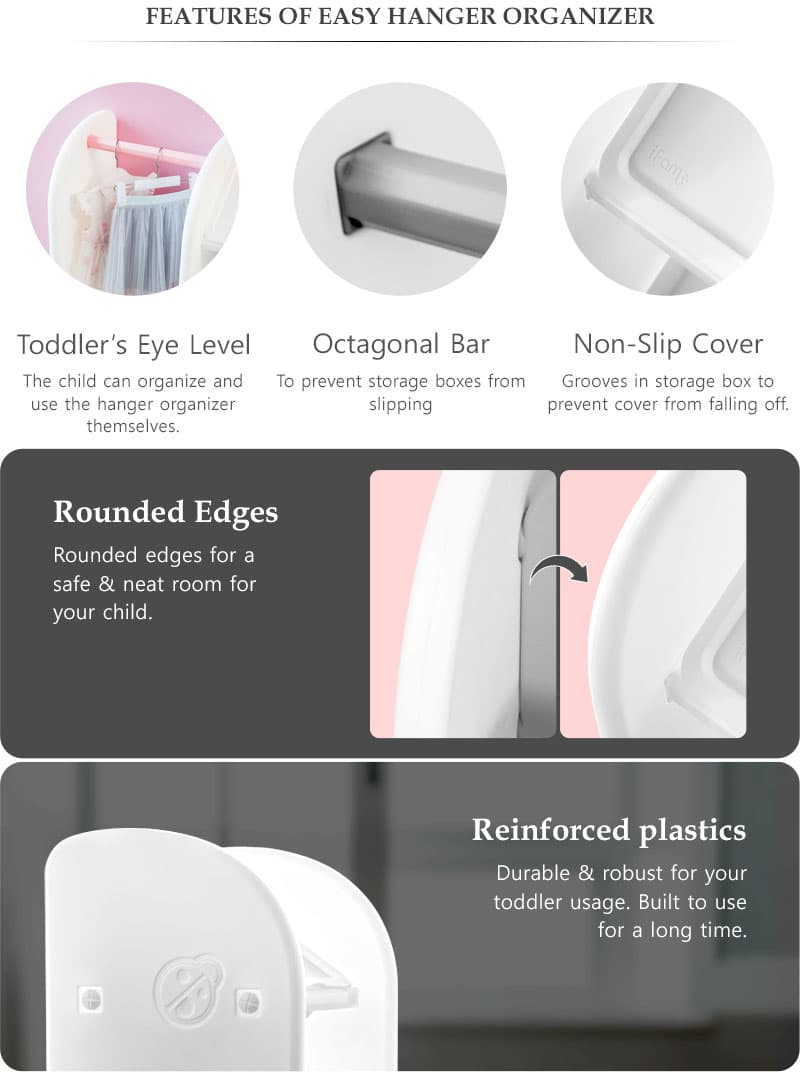 Key features of IFAM Easy Hanger Organizer - toddler eye level, rounded edges & reinforced plastics.