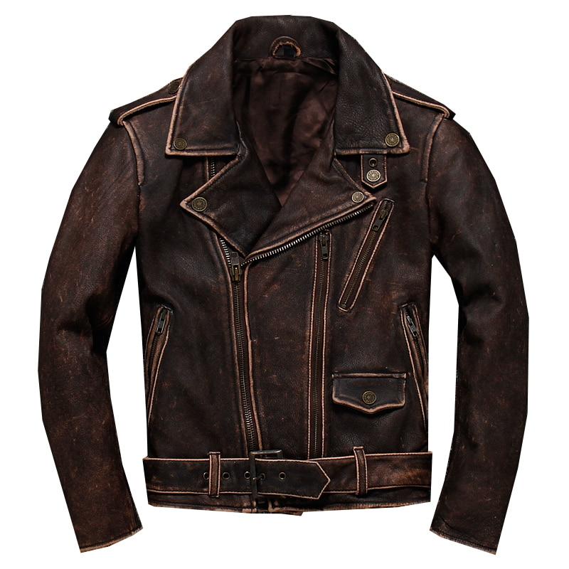 2019 Vintage Thick Cowhide Brown Leather Jacket