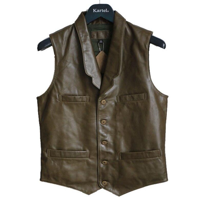 Olive Green Casual Genuine Leather Vest