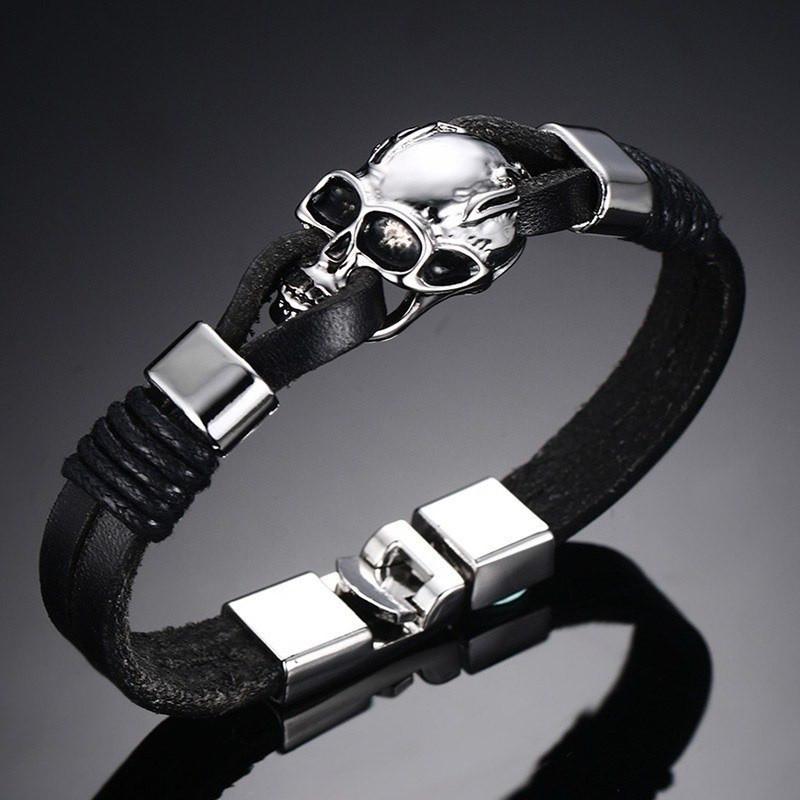 Men's Black Leather Skull Bracelet