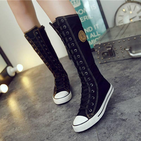 knee high canvas lace up boots