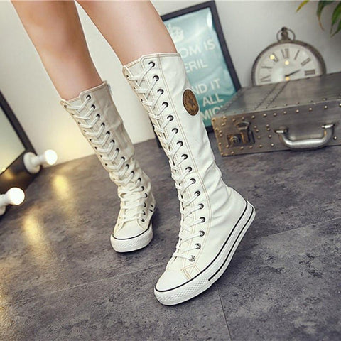 Elegant Canvas Lace-up Boots in Black or White