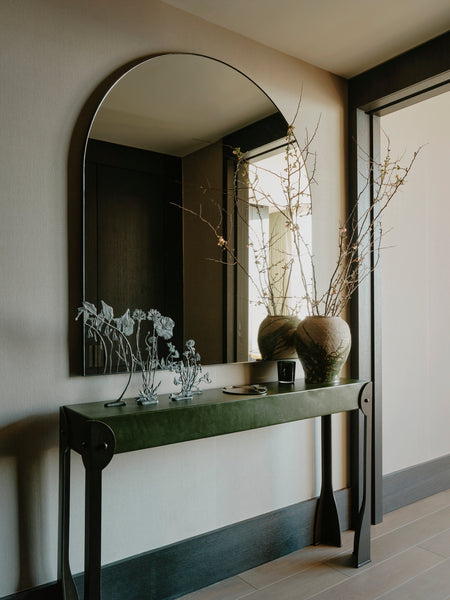 Arcus™ Arch shaped Overmantel Mirror with Contemporary Bronze Patina Frame