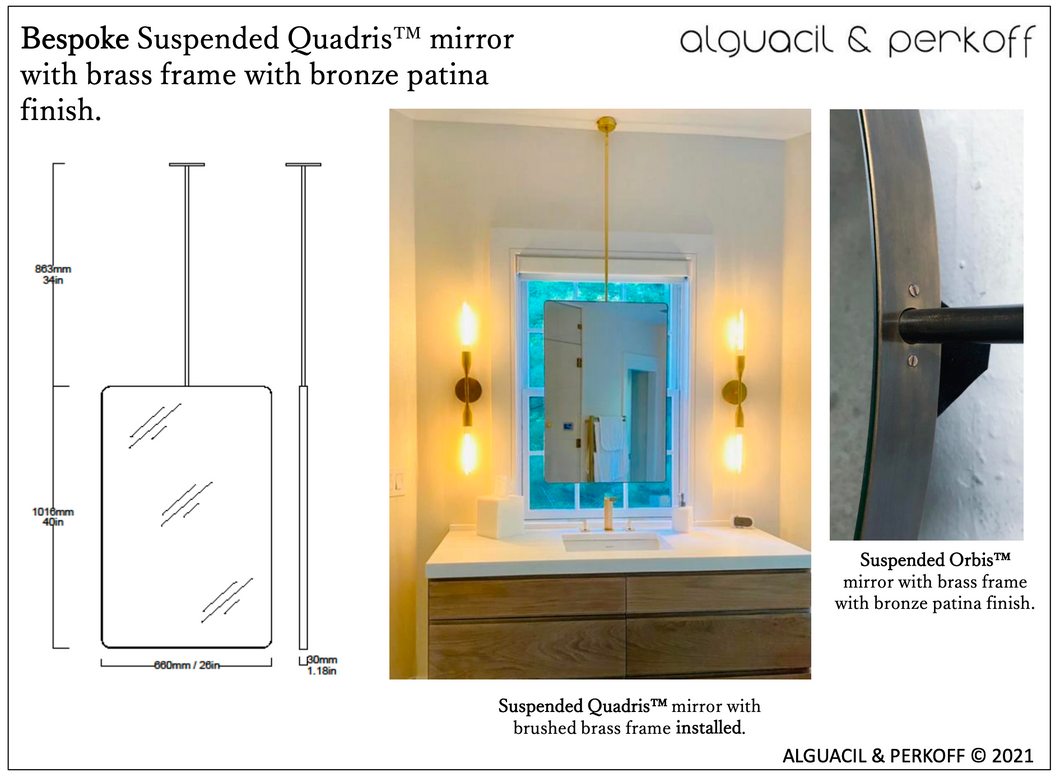 Bespoke suspended Quadris™ mirror with a brass frame with a bronze patina finish