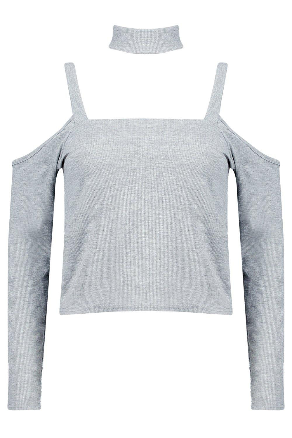 klap Verzadigen plakboek Choker Blouse Cold Shoulder Tops Low Back Long Sleeve Shirt Women Gray –  wenjiang