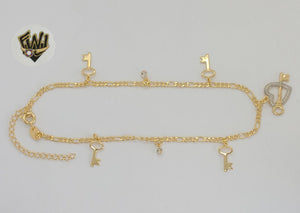 (1-0114) Gold Laminate - 2mm Figaro Link Key Charms Anklet - 10" - BGF
