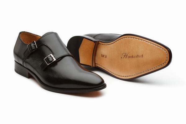 black leather double monk strap shoes