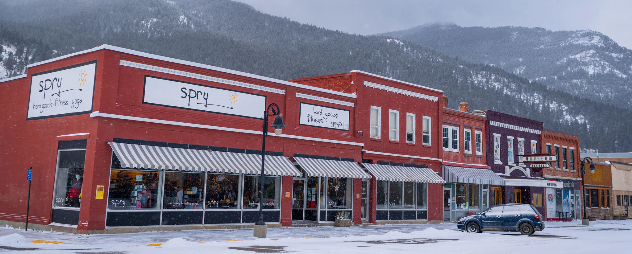 Picture of snowy spry store with mountain backdrop