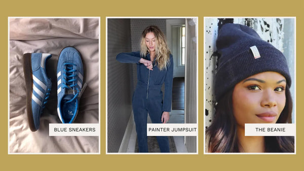 Image showcasing the Blue Sneaker, Painter Jumpsuit, The Beanie
