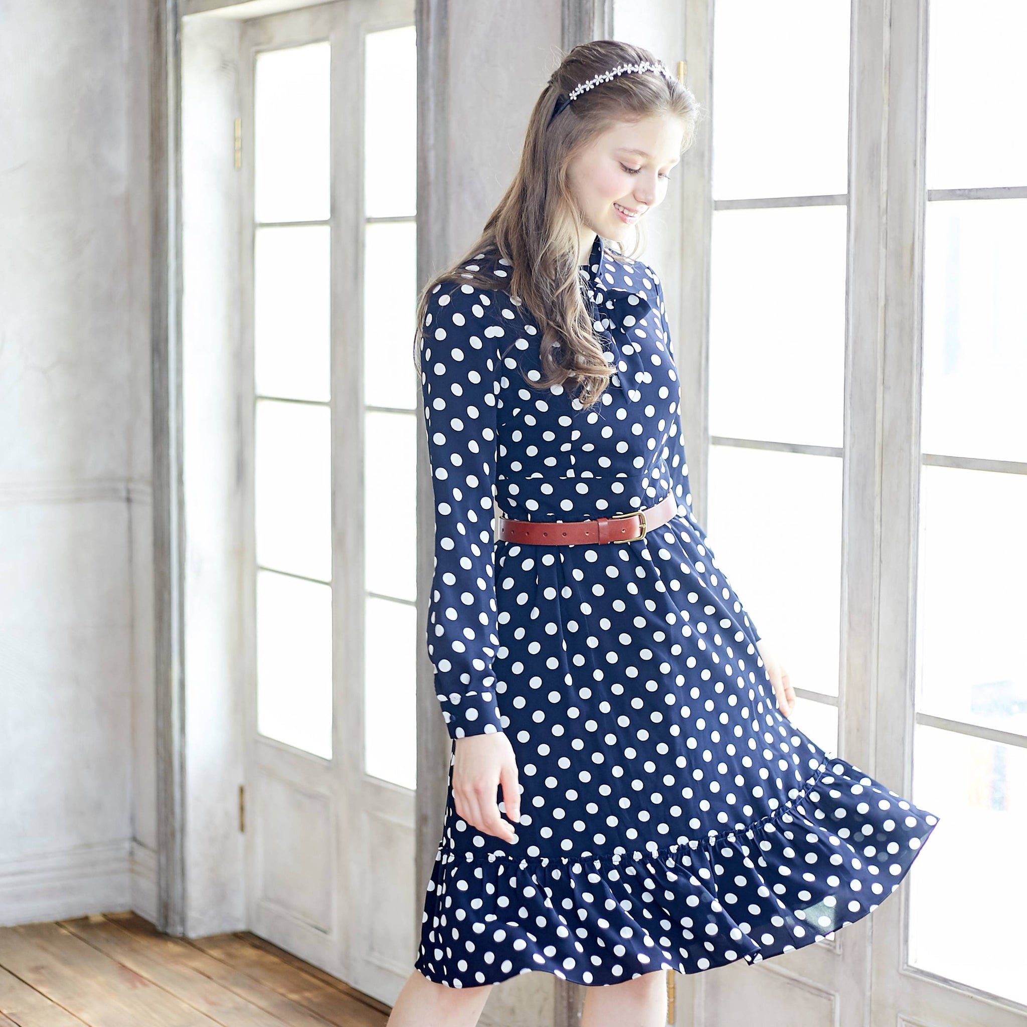 long sleeve white polka dot dress