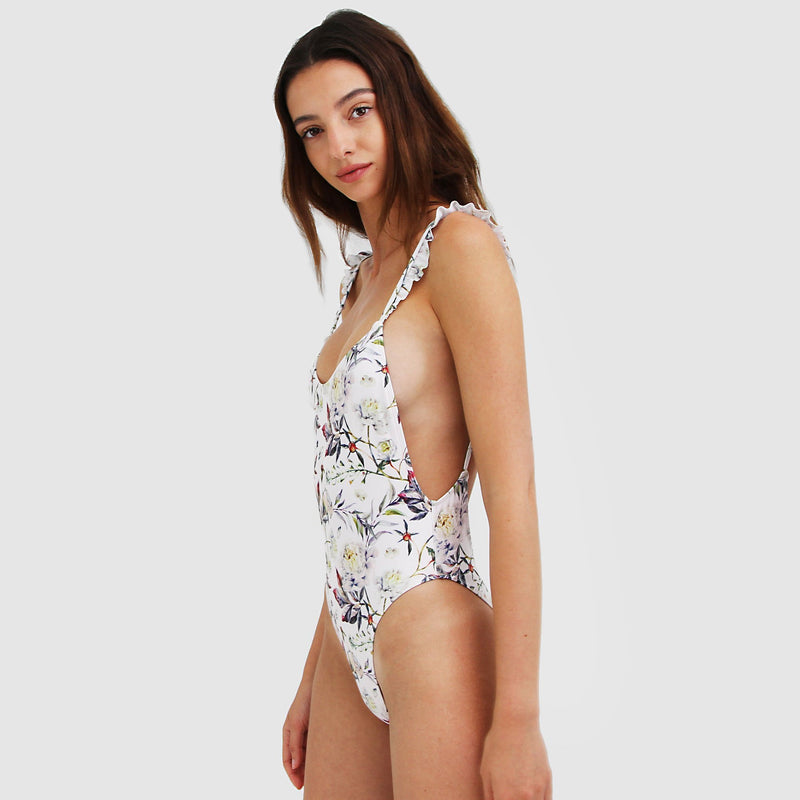Women's floral swimsuit with flouncy straps
