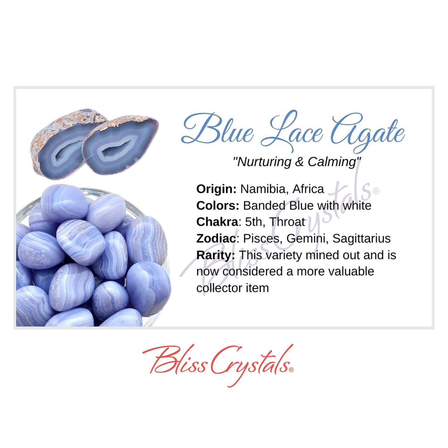 BLUE LACE AGATE Crystal Information Card, Double sided #HC16