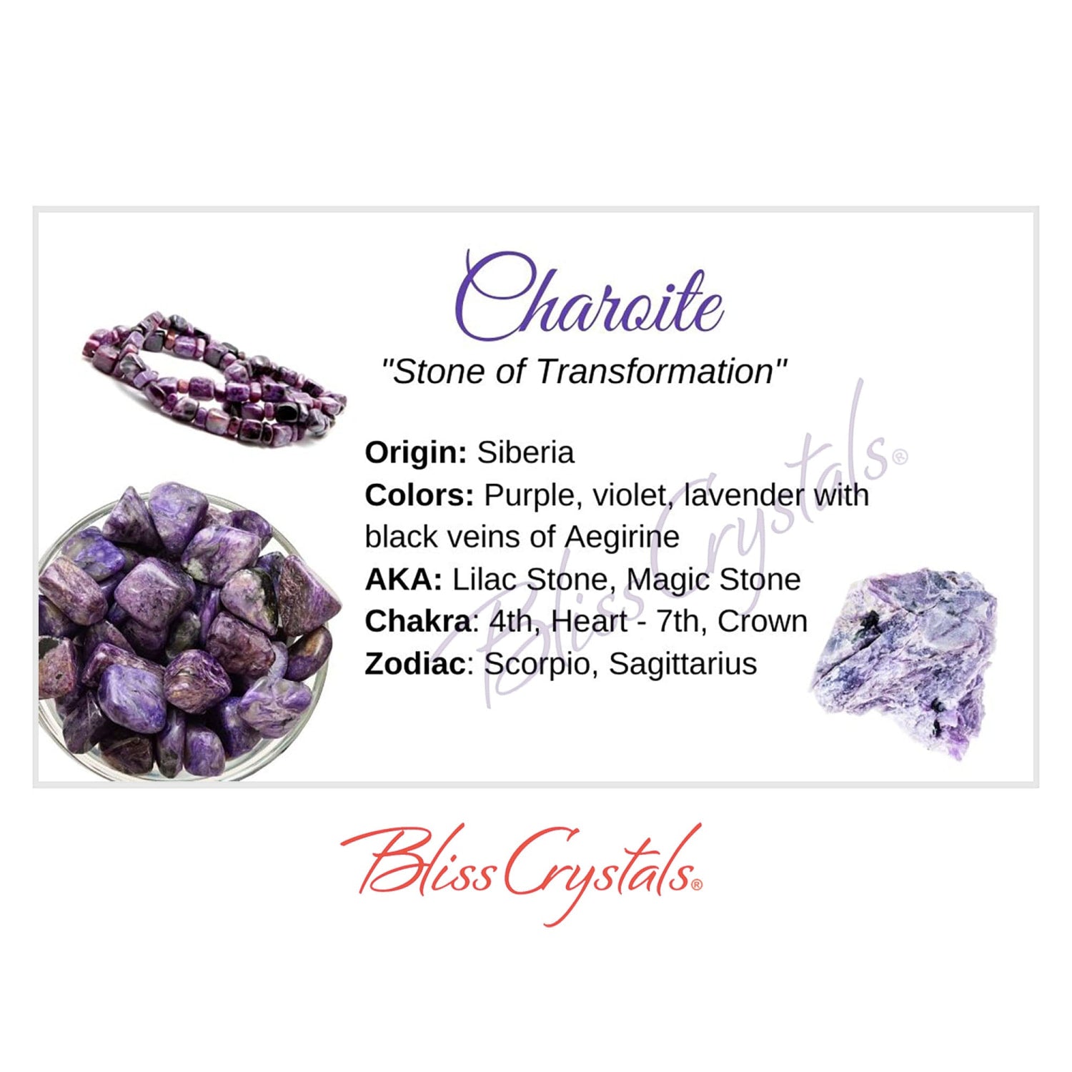 Bliss Crystals - CHAROITE Crystal Information Card Double