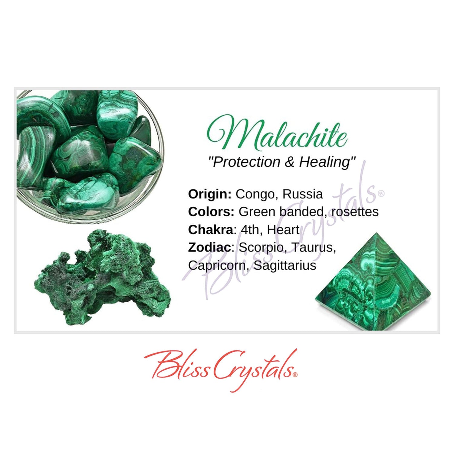 MALACHITE Crystal Information Card, Double sided #HC30 – Bliss Crystals