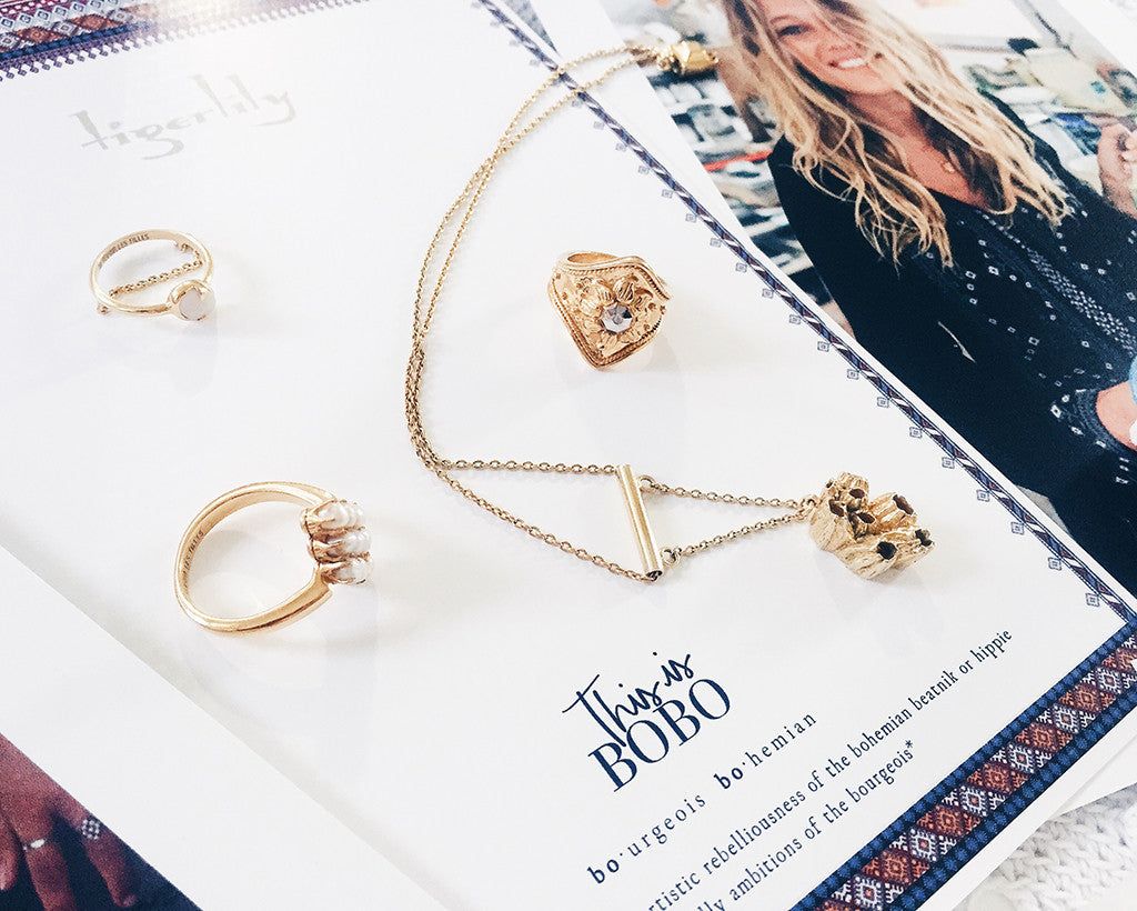 Gold rings and necklaces - Au Revoir Les Filles jewellery collab with Tigerlily Swimwear starring Zippora - Bobo 