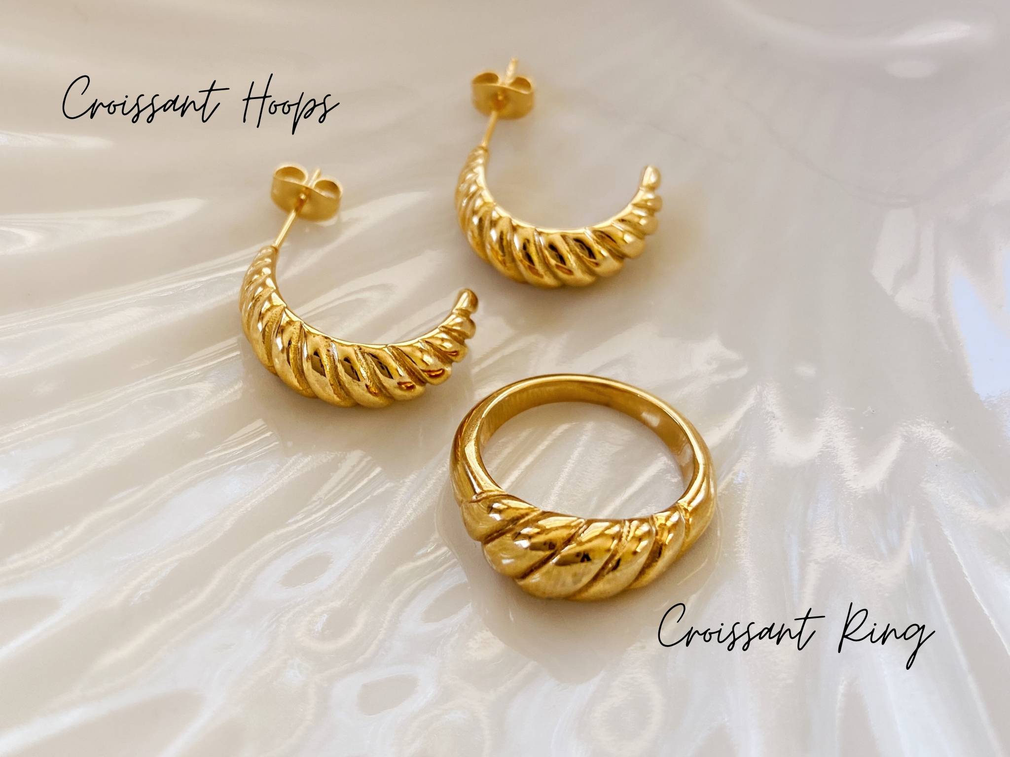 Matching gold croissant ring and earring hoops