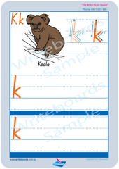 SA Modern Cursive Font Australian animal alphabet worksheets. SA alphabet handwriting and tracing worksheets.