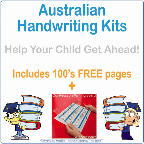 Australian Handwriting Kits for Aussie Kids includes our Signature Writeboard plus hundreds of free worksheets