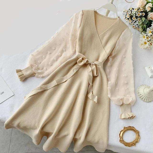 Knitted Long Sleeve Sashes Dress – Vindress