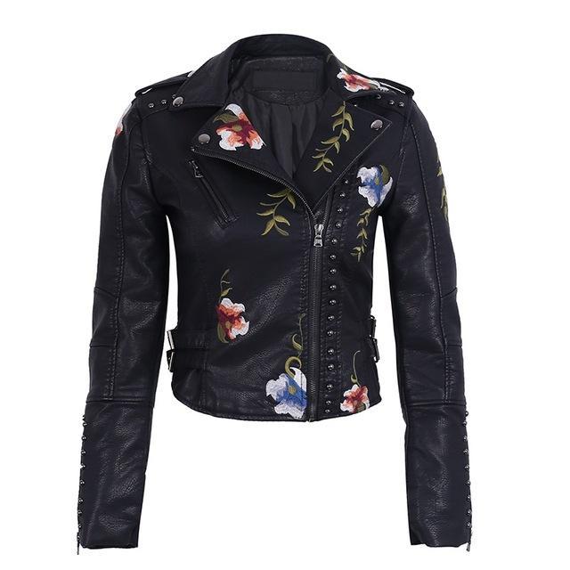 Embroidery Faux Leather Jacket Vindress 