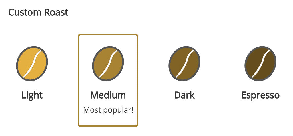 custom roast options for coffees: light, medium, dark, espresso