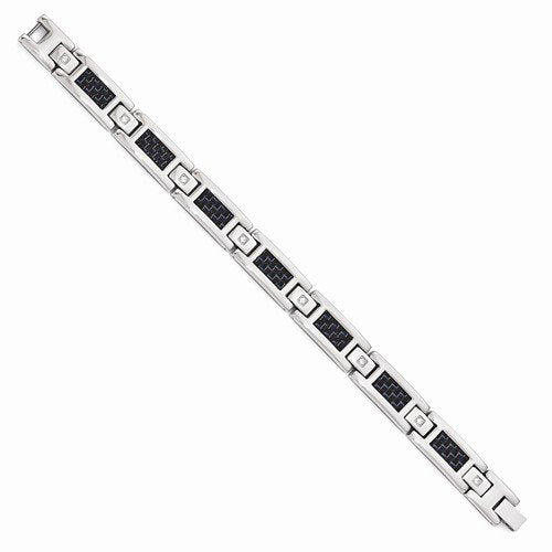 Men's Polished Stainless Steel Blue Carbon Fiber Inlay with CZ Bracelet, 9"