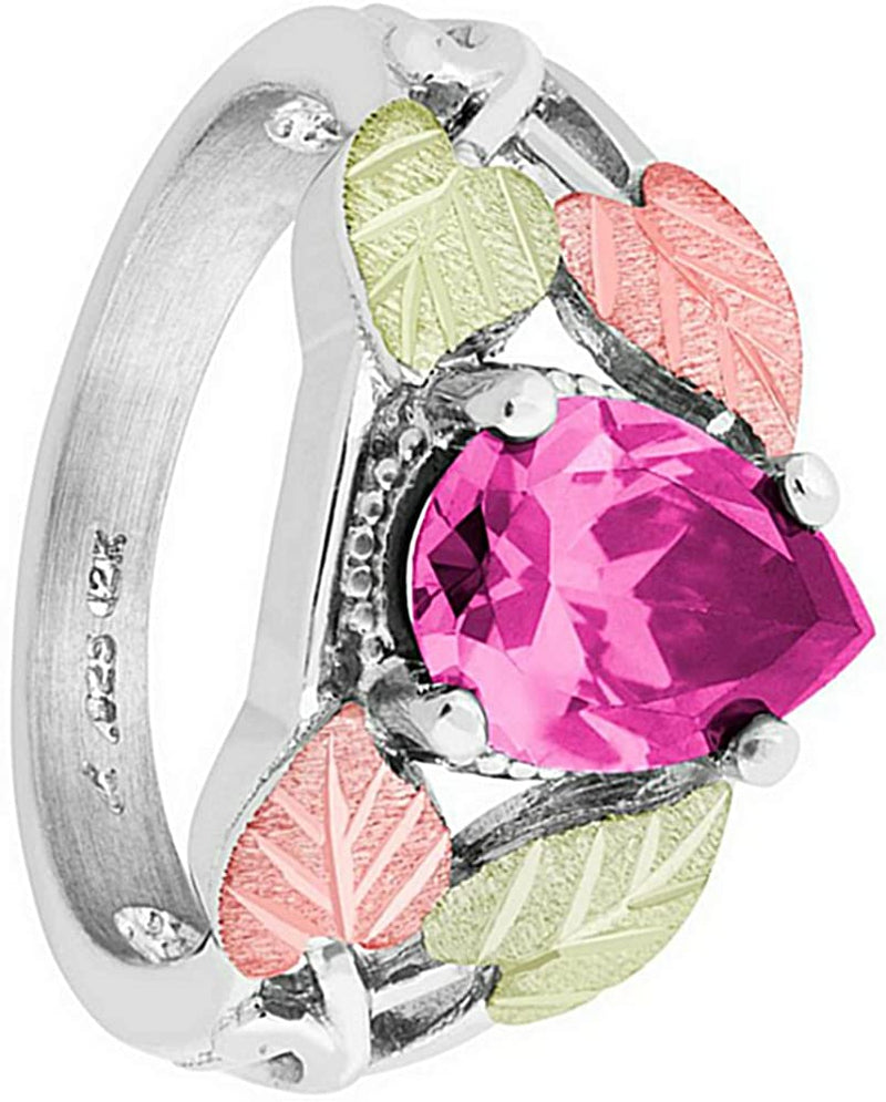 Pear Pink CZ Ring, Sterling Silver, 12k Green and Rose Gold Black Hills Gold Motif, Size 10