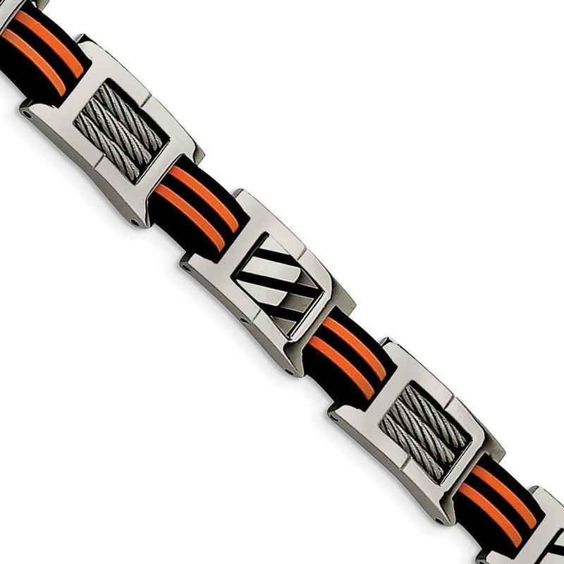 Men's Polished Stainless Steel Cable 11mm Black and Orange Rubber Bracelet 8.5"