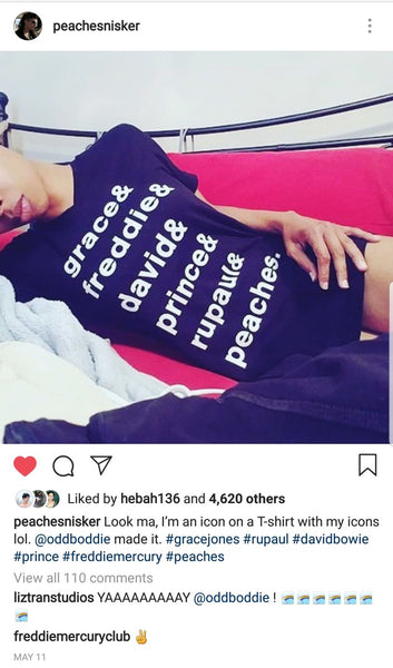 Screenshot of when Peaches Nisker reposted a photo of the "ICONIQUE" v neck list tee on Instagram