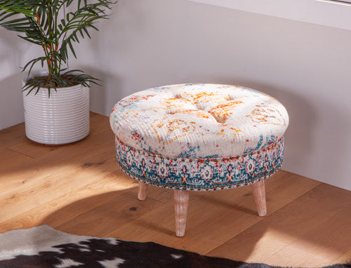 Algiers Turquoise Print Upholstered Stool 