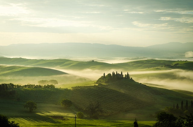 Landscape of green hills with fog