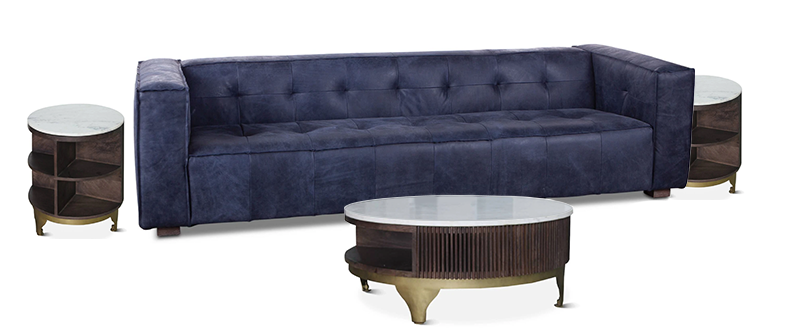 Melbourne side and coffee tables with the Portia Antique Blue Italian Leather Sofa