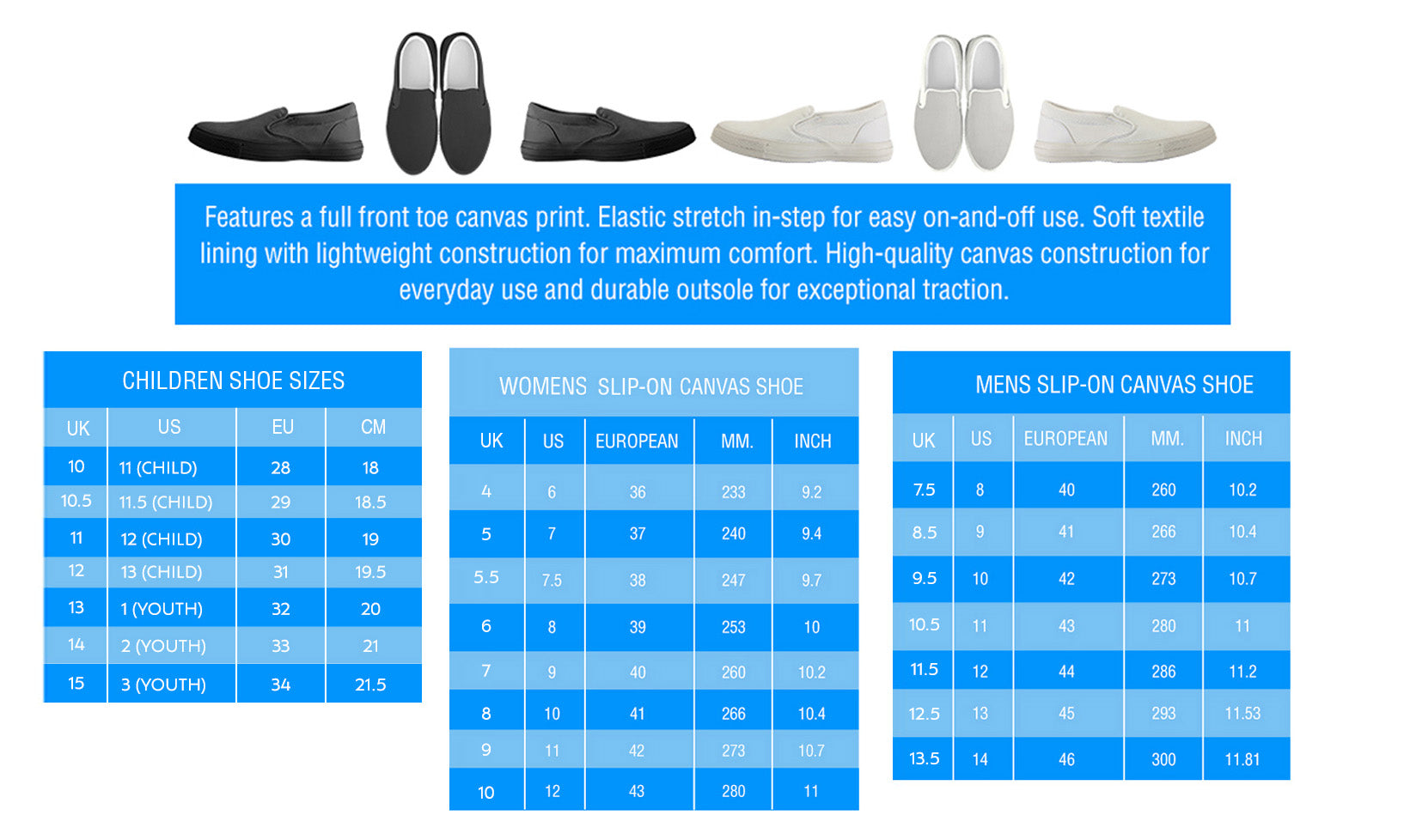 Slip-Ons Size Charts