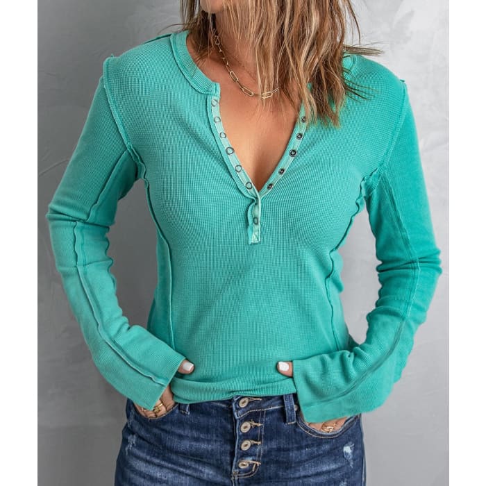 Blue Buttercup River Waffle Knit Henley - Grey Tops Large