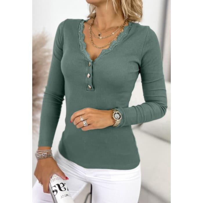 The Curated Closet - Olive Lace Trimmed Henley