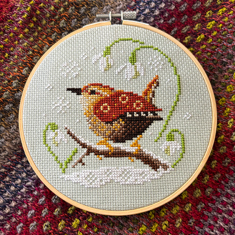 Fully stitched up Wren and Snowdrops in a hoop