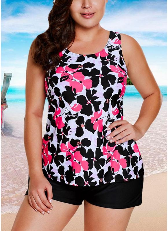 B/ Chicloth Sexy Women Floral Print Plus Size Tankini Bathing Suit Top+Short Swimwear - Black / XL