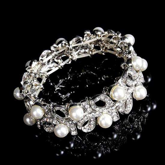 Wedding Rhinestone Pearl Leaf Stretch Bracelet Silver – Tyale Store