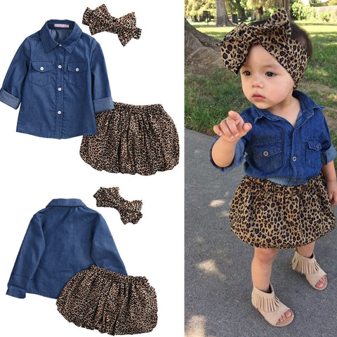 3PCS Set Cute Baby Girls Clothes 2017 Summer Toddler Kids Denim Tops Leopard Culotte Skirt 3PCS Set Cute Baby Girls Clothes 2017 Summer Toddler Kids Denim Tops Leopard Culotte Skirt