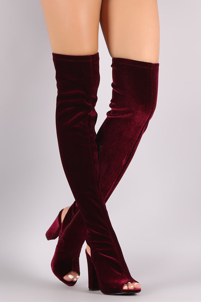 burgundy velvet knee high boots
