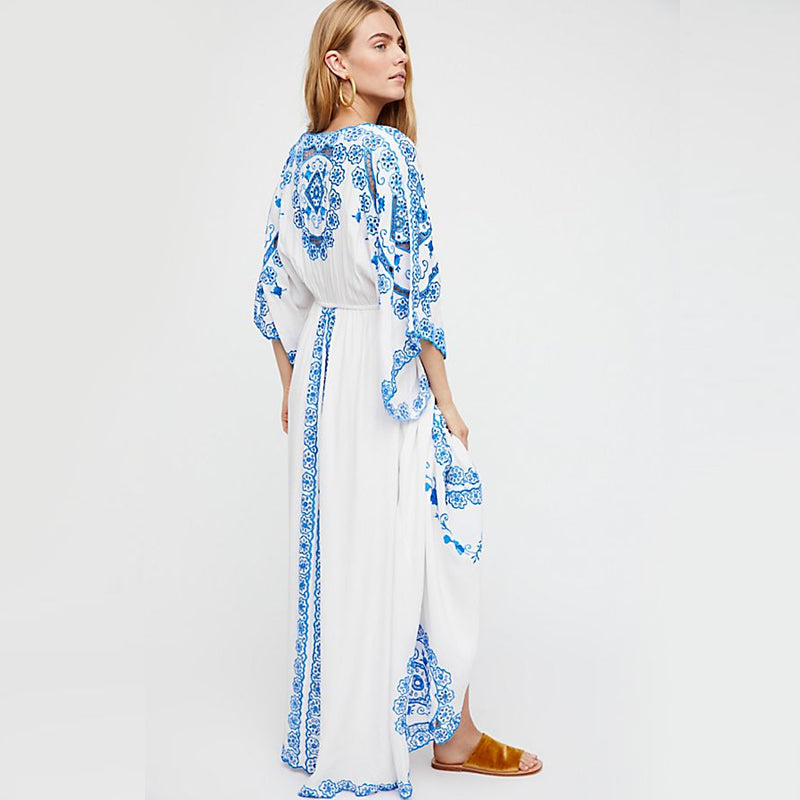 blue and white maxi dress with sleeves