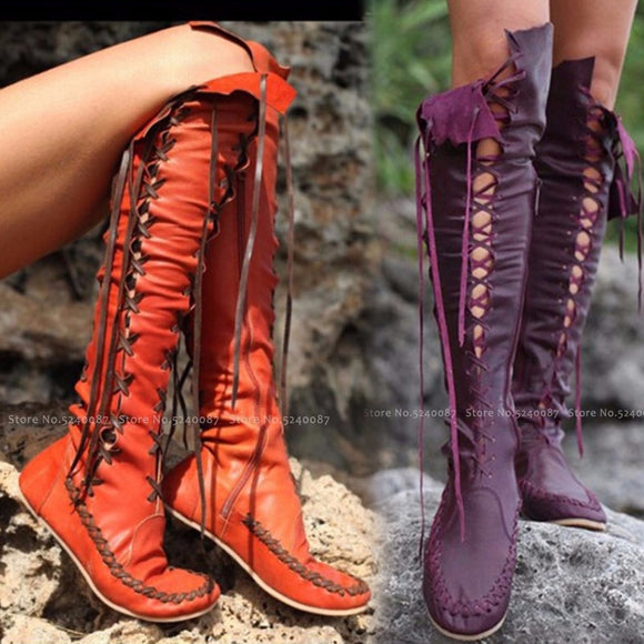 Women Medieval Retro Tall Tube Lace Up Leather Boots Elf Shoes ...