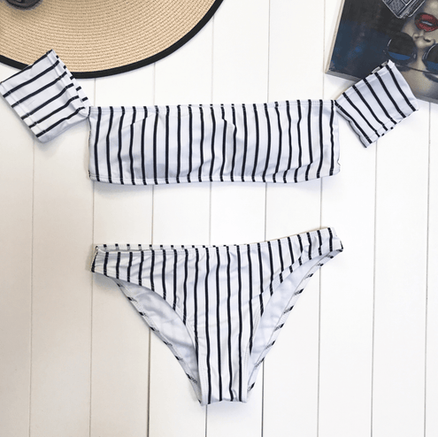 Thin Striped Off Shoulder Bikini - Minimal Swimwear