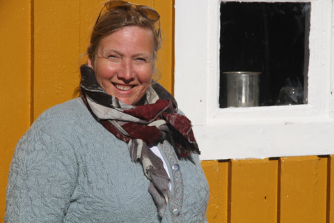 Susan in Bryggen Cardigan and Boathouse Wool&Silk Scarf