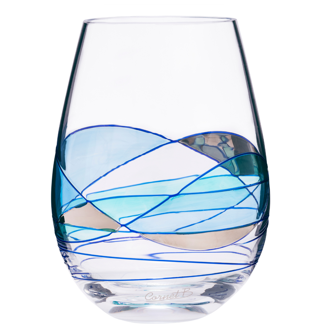 Crystal Sagrada 9 1/4 “ Stained Glass Cornet Barcelona Wine Glass ~ Blue &  Gold